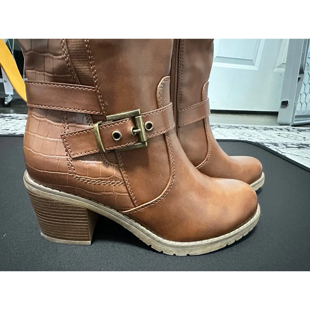 Brown Faux Leather Knee High‎ Boots Women's Buckle Detail Crocodile Embossed